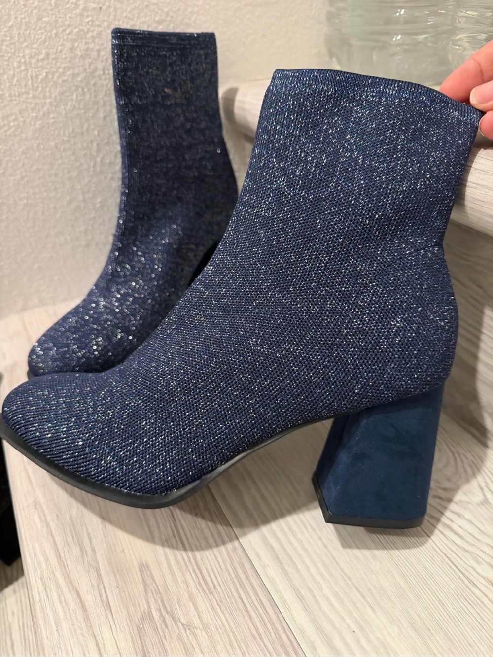 Mia Navy Sparkle Knit Block Heel Ankle Boots